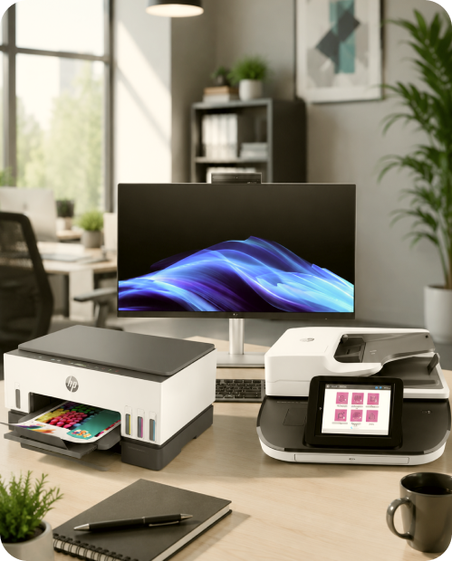 Desktop, printer, and scanner collection in a modern office